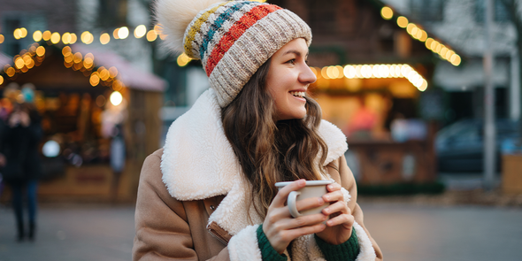 Mujer con un abrigo peludo y un gorro sosteniendo una taza en un mercado navideño, con luces festivas y casetas al fondo, para ilustrar la guía de Hofmann sobre los mejores mercados navideños de Europa.