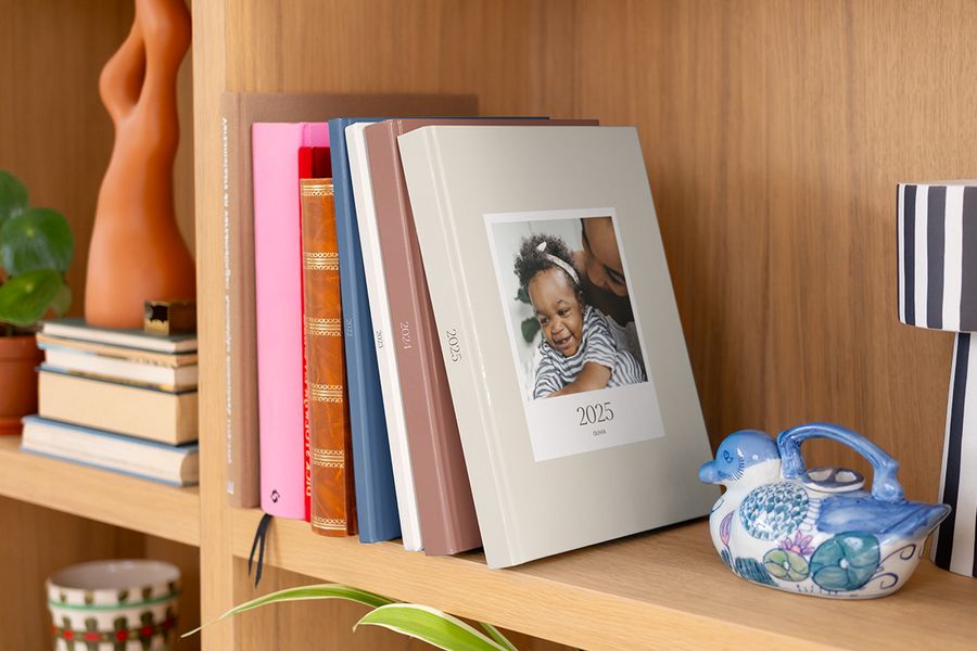 Una fila de coloridos álbumes anuales Hofmann de fotos, mostrados ordenadamente en una estantería.