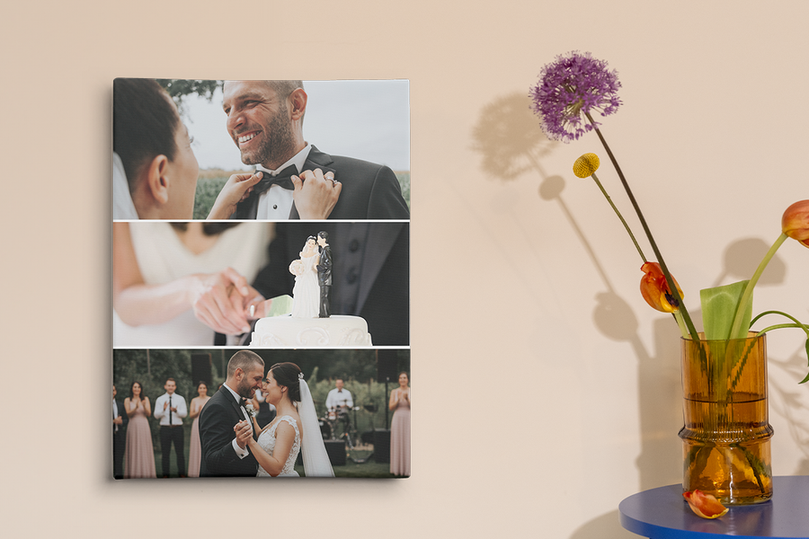 Un collage fotos boda impreso en lienzos personalizados boda de Hofmann que muestra tres momentos únicos del día del matrimonio.
