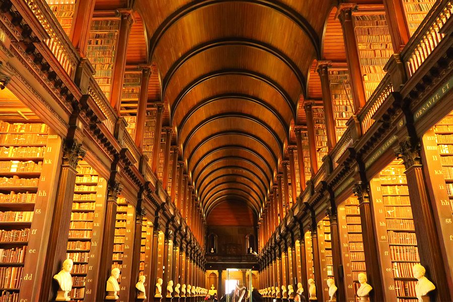 The Long Room en el Trinity College de Dublín, con sus estanterías de madera y bustos de mármol, una de las bibliotecas más bellas para un viaje literario con Hofmann.
