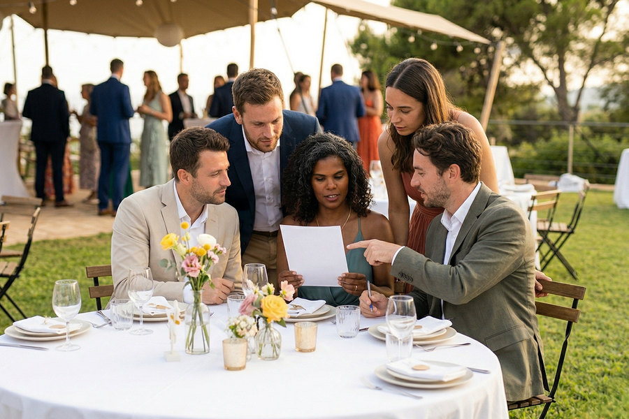 Invitados de boda vestidos de gala reunidos al aire libre alrededor de una mesa mirando una sopa de letras de boda, como inspiración para Hofmann y para juegos de boda y actividades para invitados.