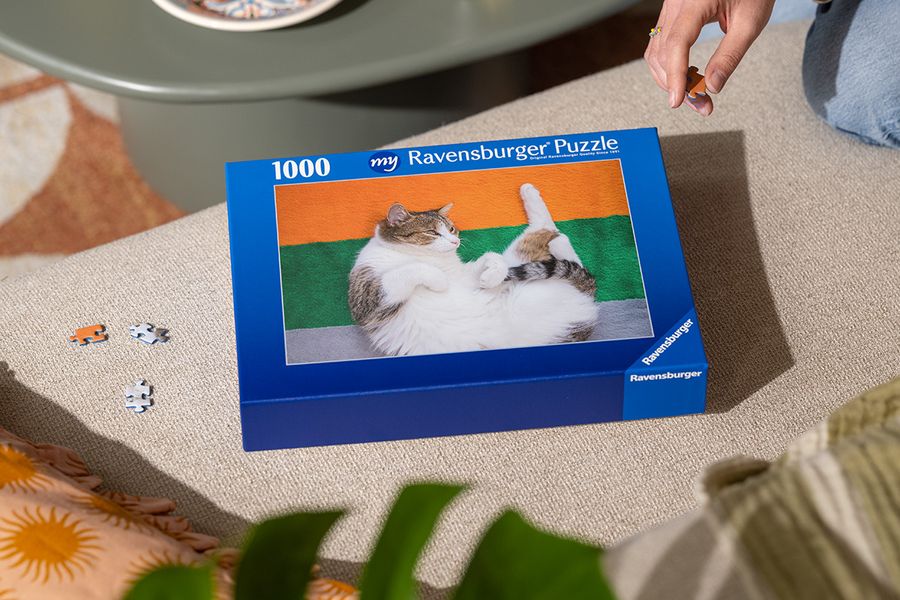 Un puzle personalizado de Hofmann con un gato en la imagen, como inspiración para juegos de fiesta para niños y fiestas de cumpleaños para niños.