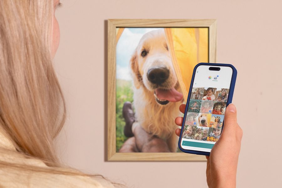 Una mujer mira las fotos de su carrete en el móvil, con una foto enmarcada de un labrador en la pared detrás de ella, mostrando cómo organizar fotos digitales y elegir los mejores recuerdos para imprimir.