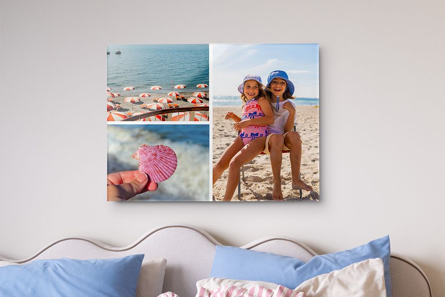 En un dormitorio, un collage de fotos enmarcado muestra imágenes de estilo playero, como conchas, dos chicas sonriendo en la playa y sombrillas junto al mar, como inspiración para decoracion de verano para interiores y decoracion veraniega para el dormitorio.