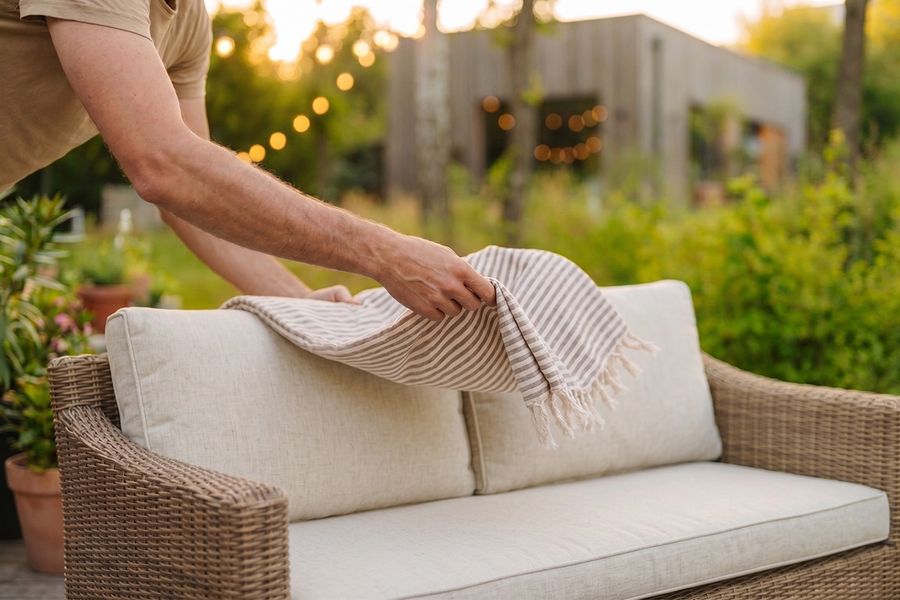 Una persona coloca una manta ligera sobre un sofá de exterior en el jardín, como inspiración para decoracion exterior verano y un rincón relajado al aire libre.