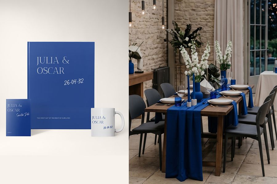 Los diseños de boda tipográficos minimalistas de Hofmann aparecen junto a una foto de boda que encaja con esta estética, destacando la tipografía llamativa, la boda minimalista y las tendencias bodas 2026.