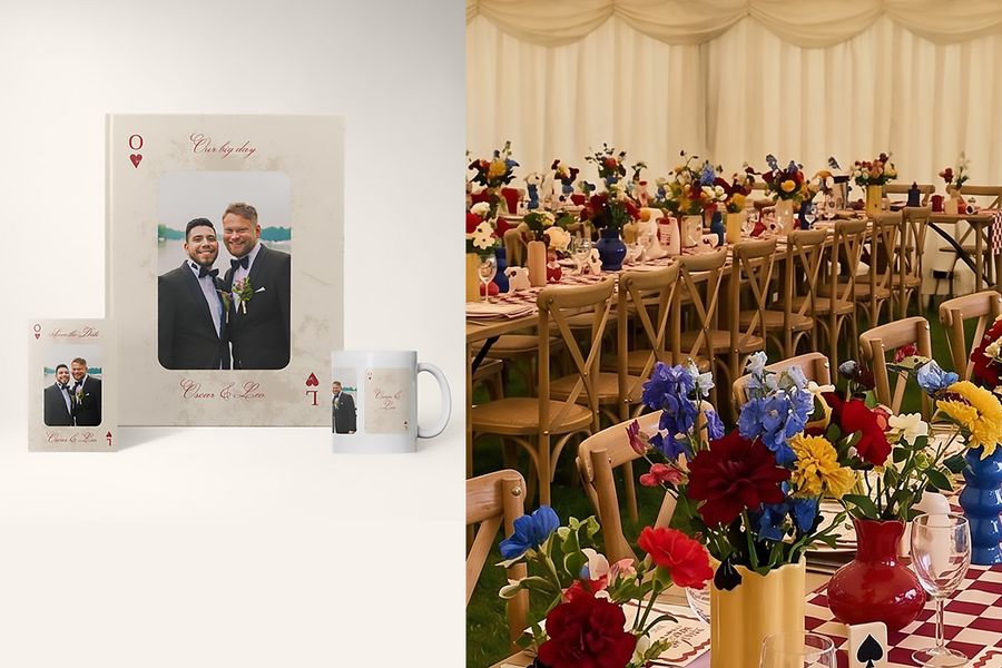 Los diseños de boda modern groovy de Hofmann aparecen junto a mesas de boda decoradas, destacando detalles retro divertidos, color intenso y las tendencias bodas 2026.