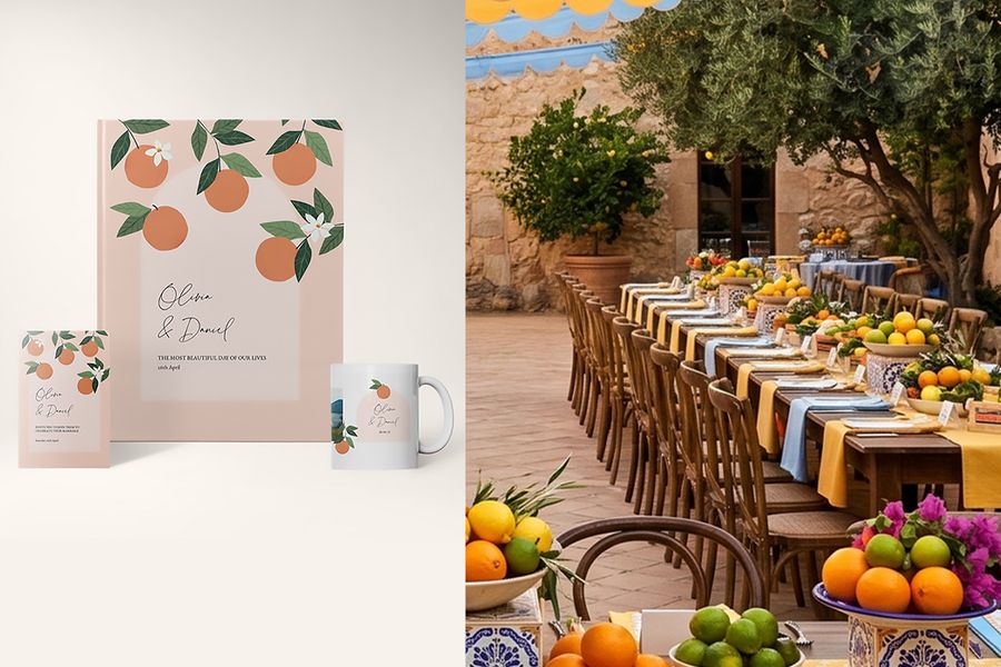 Los diseños de boda modern orchard de Hofmann aparecen junto a mesas de boda decoradas con frutas y limoneros, destacando el estilo mediterráneo, los detalles cítricos y las tendencias bodas 2026.