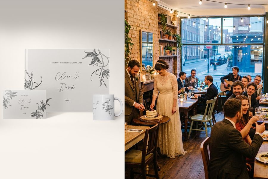 Los diseños de boda whimsical storyboard Ink & Ivy de Hofmann aparecen en un fotolibro, una tarjeta y una taza junto a una recepción de boda informal donde la pareja corta el pastel, destacando ilustraciones de línea fina, detalles dibujados a mano y las tendencias bodas 2026.