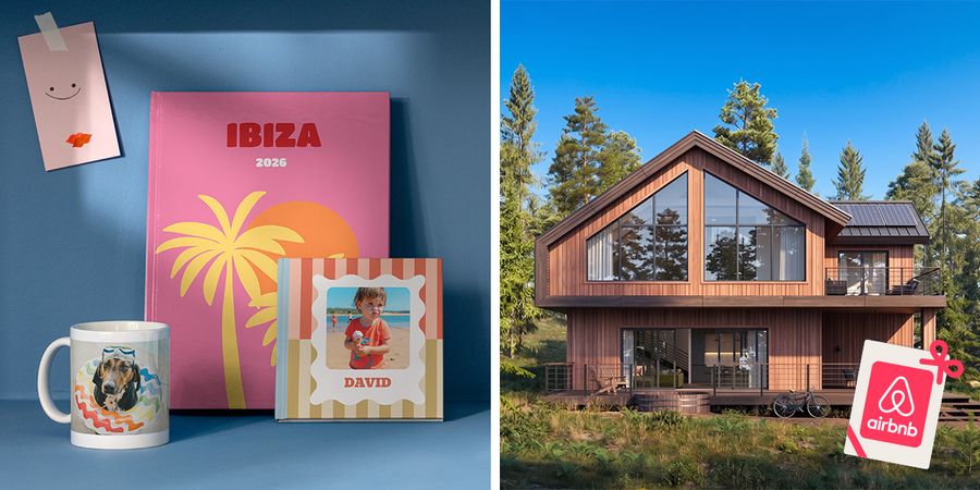 Una selección de productos personalizados de Hofmann, incluidos fotolibros y una taza, aparece junto a una bonita casa, representando los premios del concurso de fotos de verano de Hofmann, incluidos vales de Airbnb.