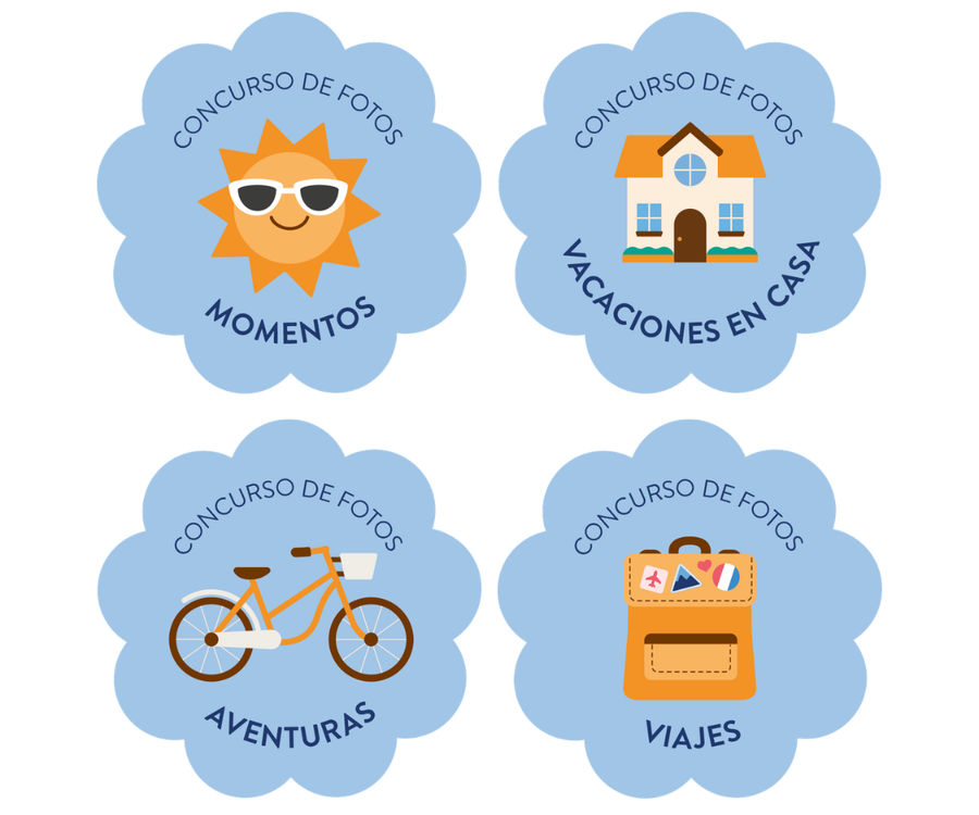 Cuatro iconos ilustrados que representan los temas semanales del concurso de fotos de verano de Hofmann: un sol para Momentos de verano, una casa para Vacaciones en casa, una bicicleta para Aventuras de verano y una mochila para Viajes de verano.