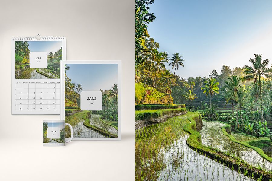 Un álbum de fotos, un calendario y una taza con el diseño Full Story de Hofmann, con una tipografía atrevida y superpuesta y diseños editoriales que se leen como un diario de viaje.