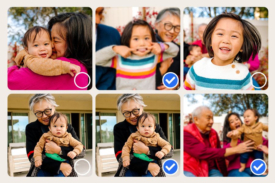 Una colección de fotos casi idénticas muestra varias tomas de la misma familia, ilustrando los trucos más rápidos de Hofmann para liberar espacio de almacenamiento eliminando fotos duplicadas.