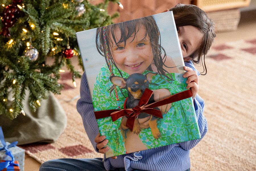 Niña pequeña bajo el árbol de Navidad sosteniendo un álbum de fotos grande con un lazo de terciopelo alrededor y una foto suya con un chihuahua en la portada, para ilustrar la guía de Hofmann con ideas de regalos de Navidad personalizados con fotos.