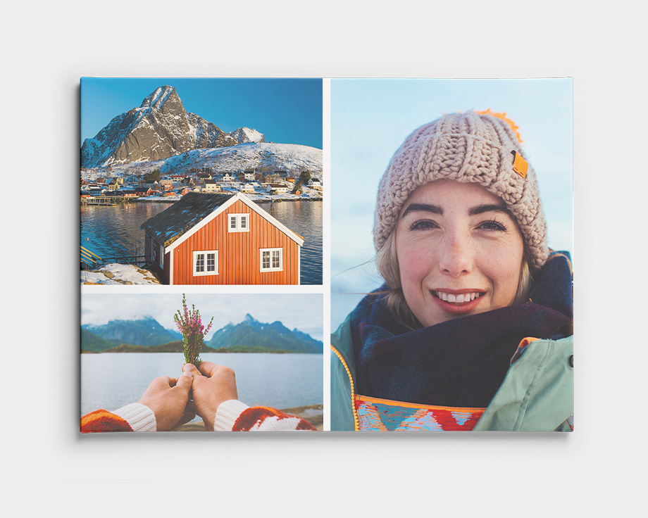 Un collage en un lienzo con dos imágenes de paisajes y una foto de una persona sonriendo.