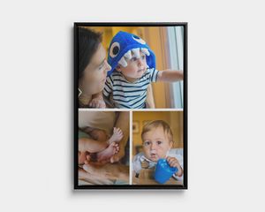 Collage en lienzo enmarcado con tres fotos de un niño
