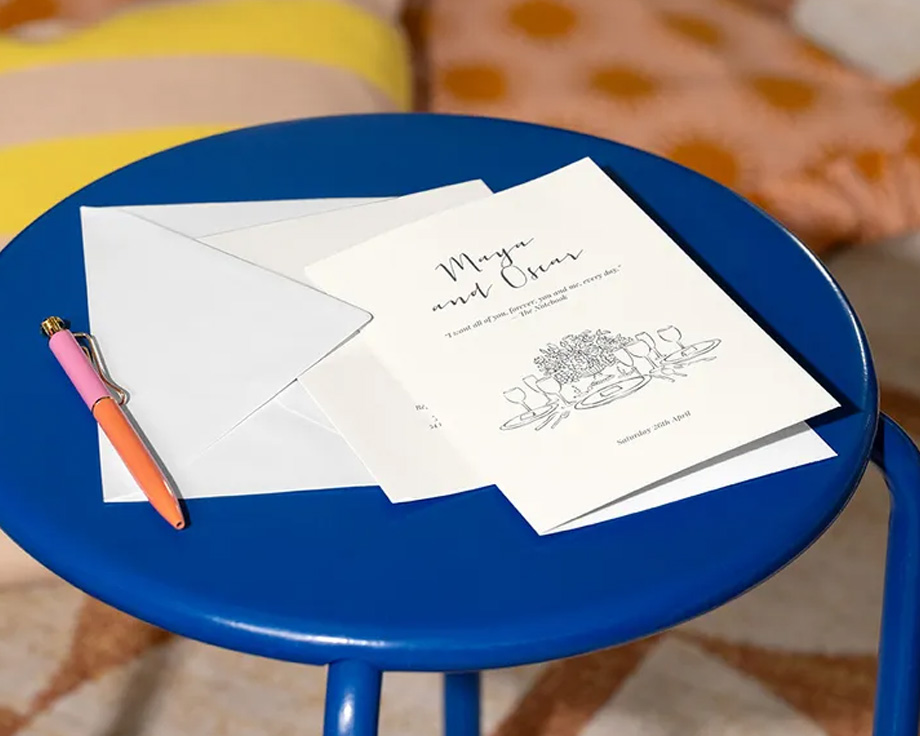 Una colección de invitaciones de boda personalizadas de Hofmann en varios tamaños, que ilustran diferentes formas de presentar el texto de la boda.