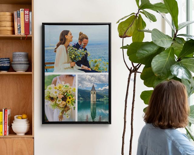 Un collage de fotos de boda enmarcado, colgado en una pared.