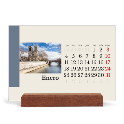 Calendario de mesa con base de madera - apaisado  — Lugares del mundo [Enero]