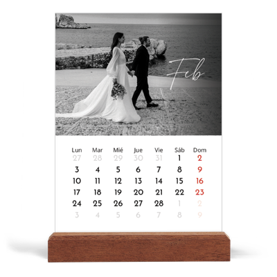 Calendario de mesa con base de madera - vertical  — Escritura elegante [Febrero]