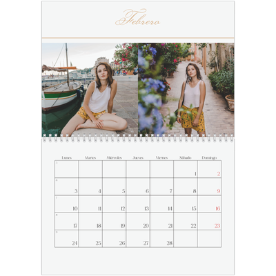 Calendario personalizado doble A4 — Banner de texto dorado [Febrero]