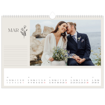 Calendario A3 horizontal — Iniciales en flor [Marzo]