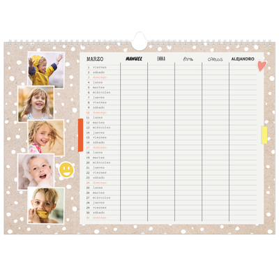 Planificador A3 horizontal — Planificador familiar rústica - Familia de 5 [Marzo]