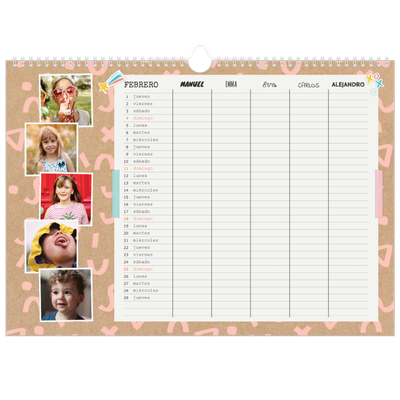 Planificador A3 horizontal — Planificador familiar rústica - Familia de 5 [Febrero]