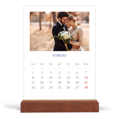 Calendario de mesa con base de madera - vertical  — Clásico cobalto [Febrero]