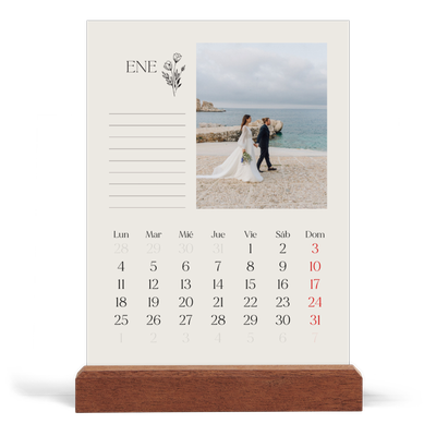 Calendario de mesa con base de madera - vertical  — Iniciales en flor [Enero]