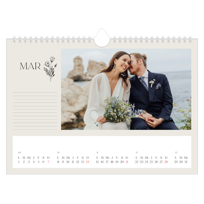 Calendario A4 horizontal — Iniciales en flor [Marzo]