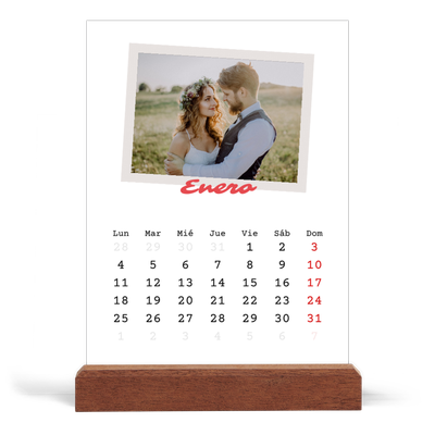 Calendario de mesa con base de madera - vertical  — Firmado en carmín [Enero]