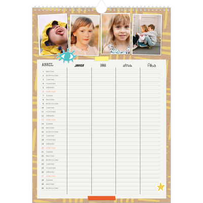 Planificador familiar A3 — Planificador familiar rústica - Familia de 4 [Abril]