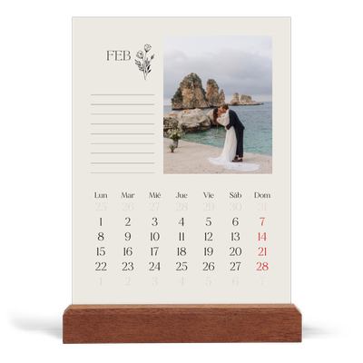 Calendario de mesa con base de madera - vertical  — Iniciales en flor [Febrero]