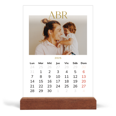 Calendario de mesa con base de madera - vertical  — Texto dorado grande [Abril]