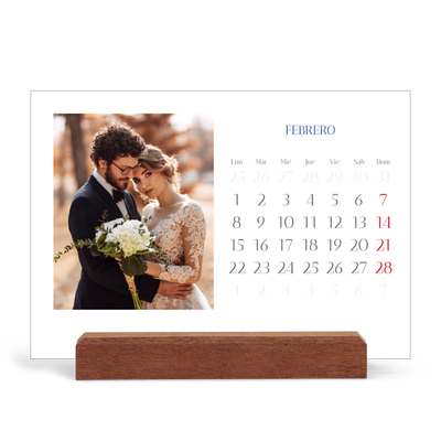 Calendario de mesa con base de madera - apaisado  — Clásico cobalto [Febrero]