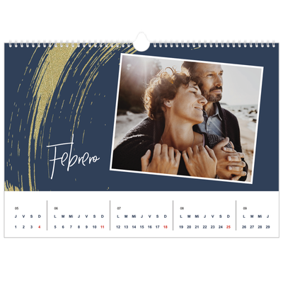 Calendario A3 horizontal — Fondos de pincel dorado [Febrero]