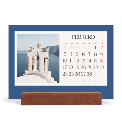 Calendario de mesa con base de madera - apaisado  — Colores clásicos [Febrero]