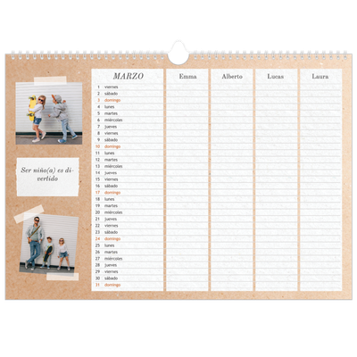 Planificador A3 horizontal — Planificador familiar kraft - Familia de 4 [Marzo]